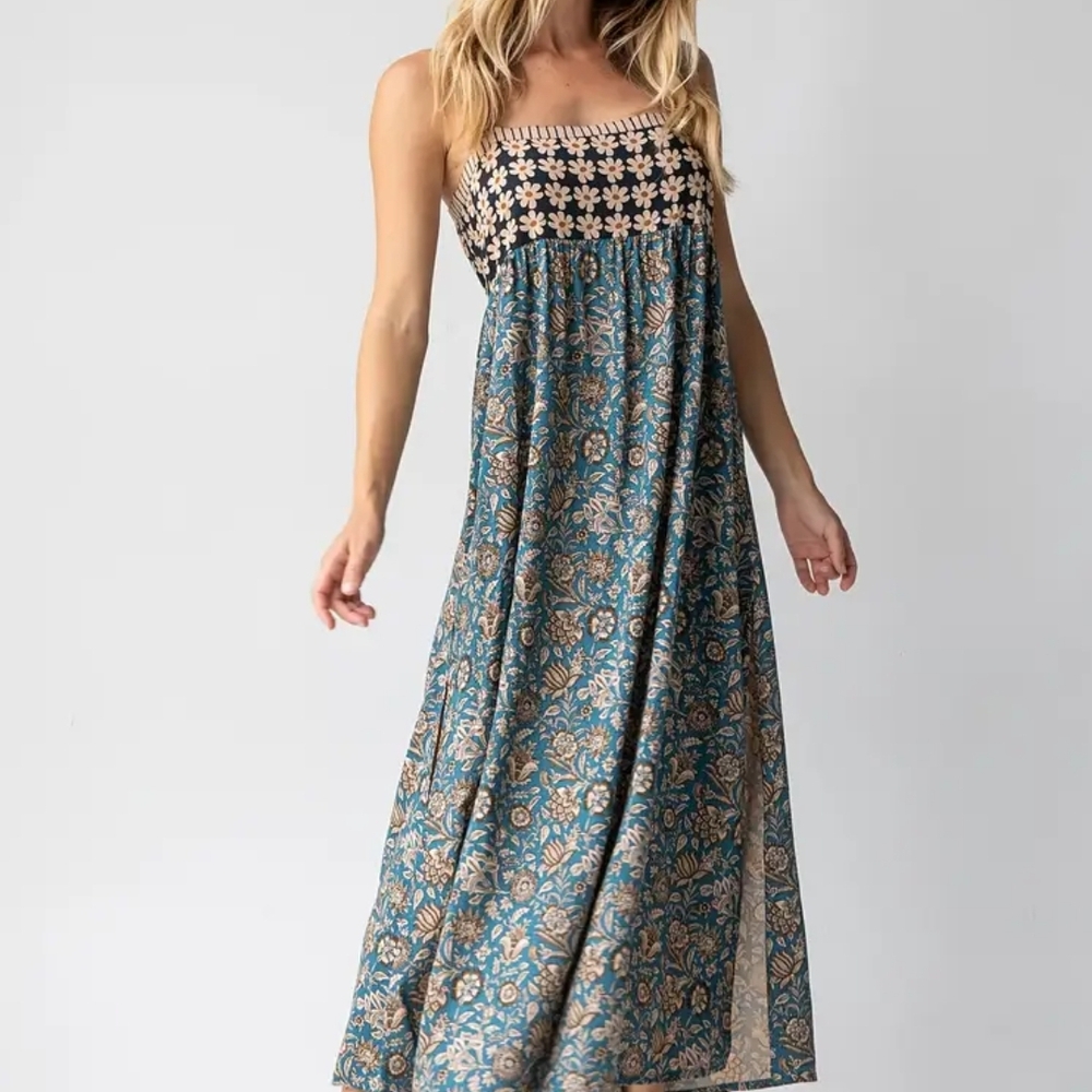Boho Maxi Dress - Blue and Cream